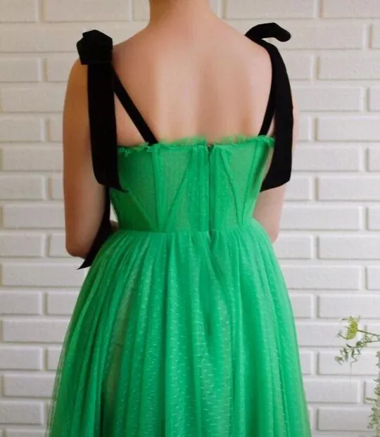 A-line Black Straps Sage Long Charming Prom Dresses Tulle Evening Dress PFP1770