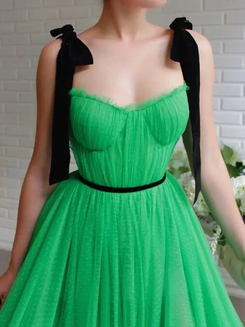 A-line Black Straps Sage Long Charming Prom Dresses Tulle Evening Dress PFP1770