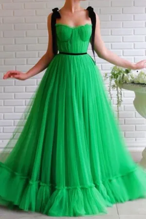 A-line Black Straps Sage Long Charming Prom Dresses Tulle Evening Dress PFP1770