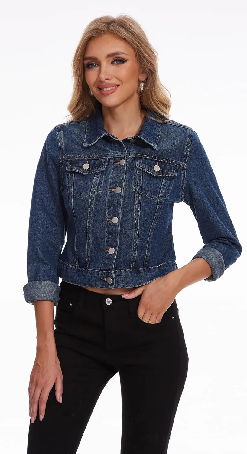 andy & natalie Women's Denim Jackets Cropped Long Sleeve Basic Button Down Crop Jean Shacket with Pockets