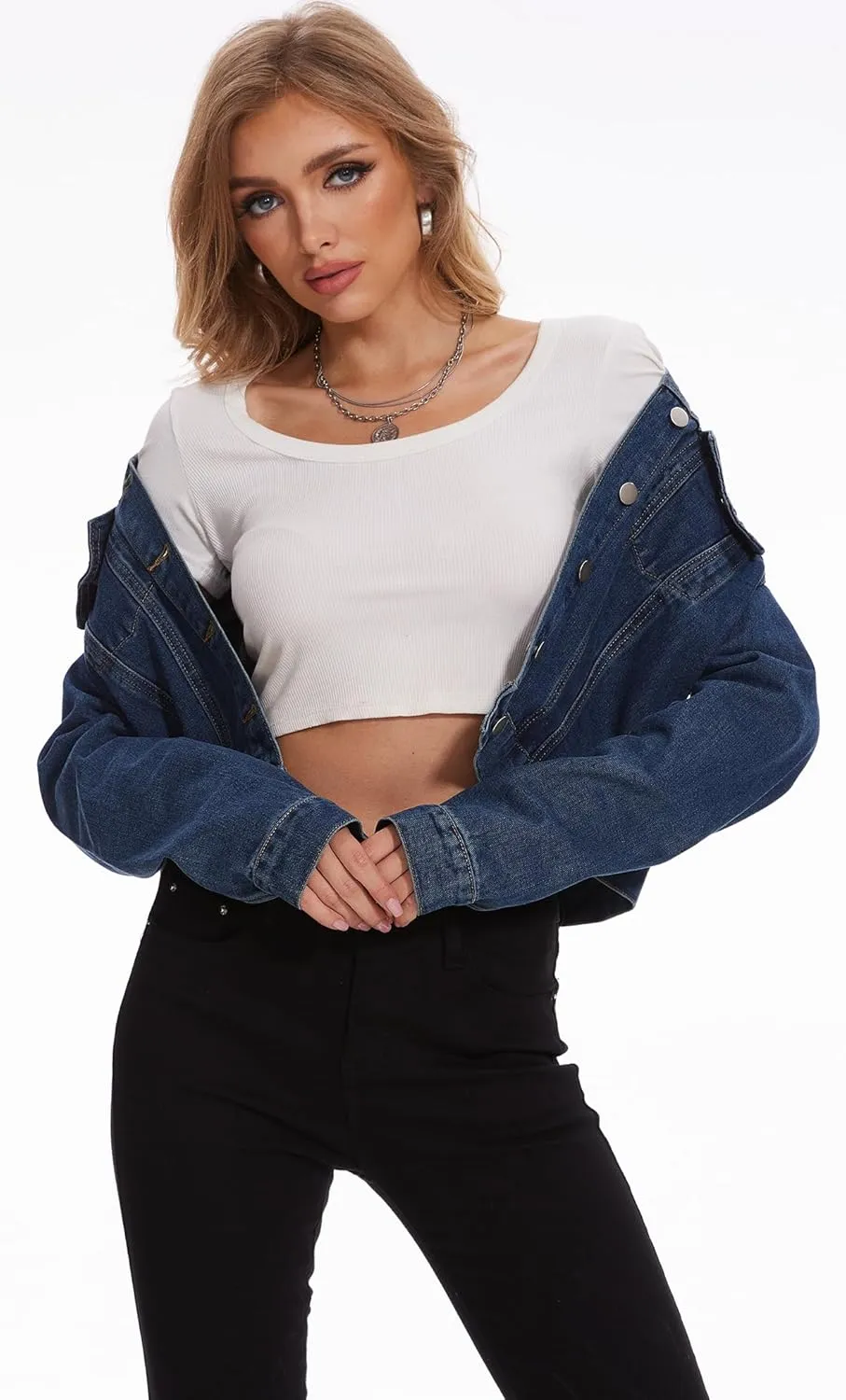 andy & natalie Women's Denim Jackets Cropped Long Sleeve Basic Button Down Crop Jean Shacket with Pockets