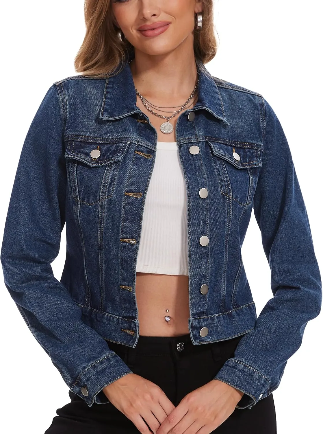 andy & natalie Women's Denim Jackets Cropped Long Sleeve Basic Button Down Crop Jean Shacket with Pockets