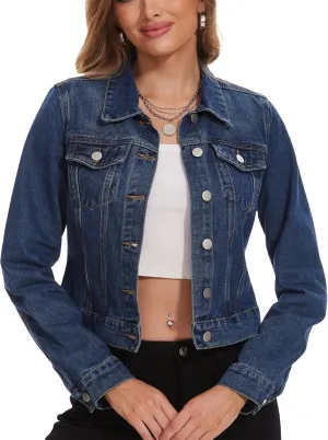 andy & natalie Women's Denim Jackets Cropped Long Sleeve Basic Button Down Crop Jean Shacket with Pockets