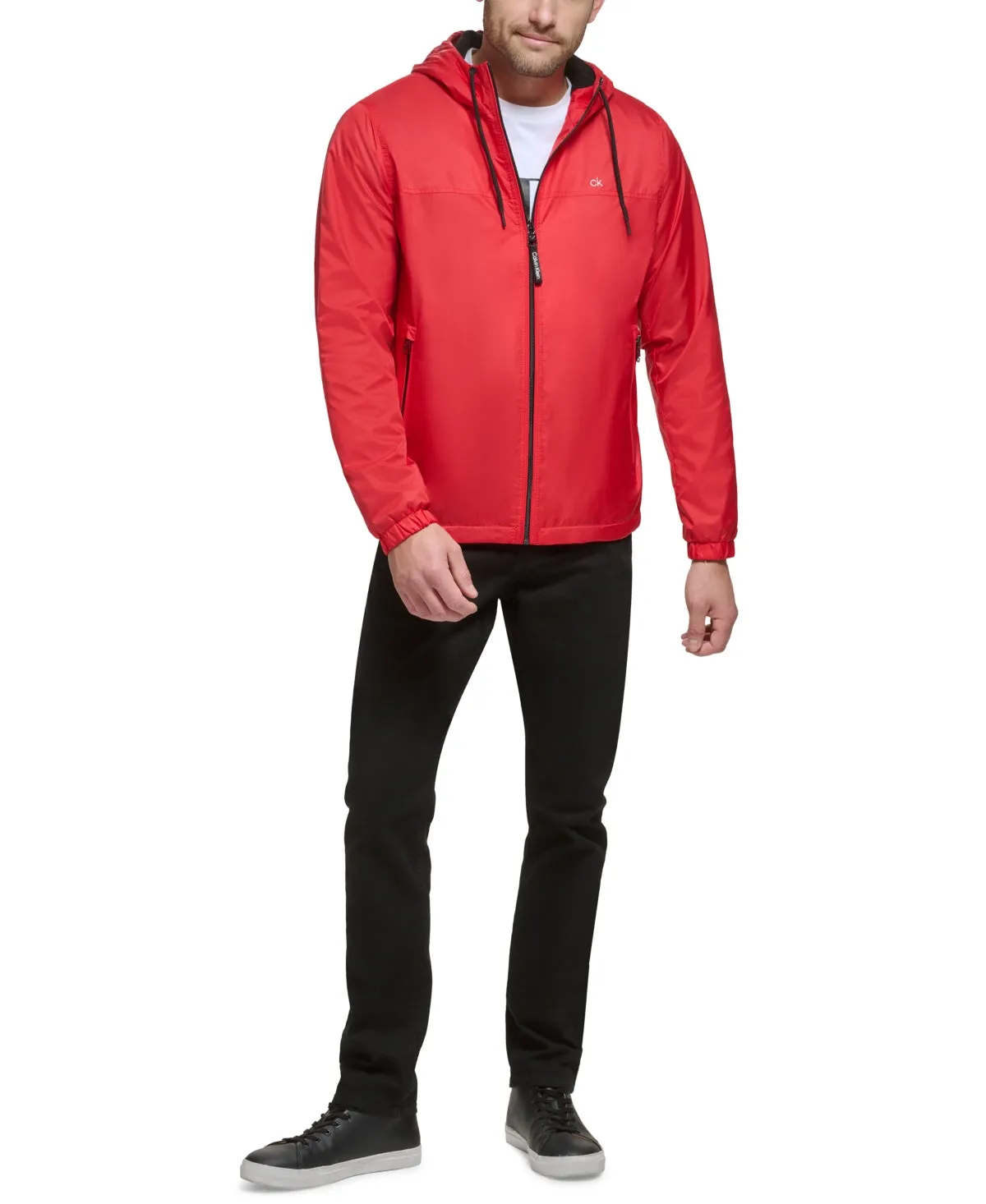 Calvin Klein Mens Windbreaker Hooded Coat XL Red Solid
