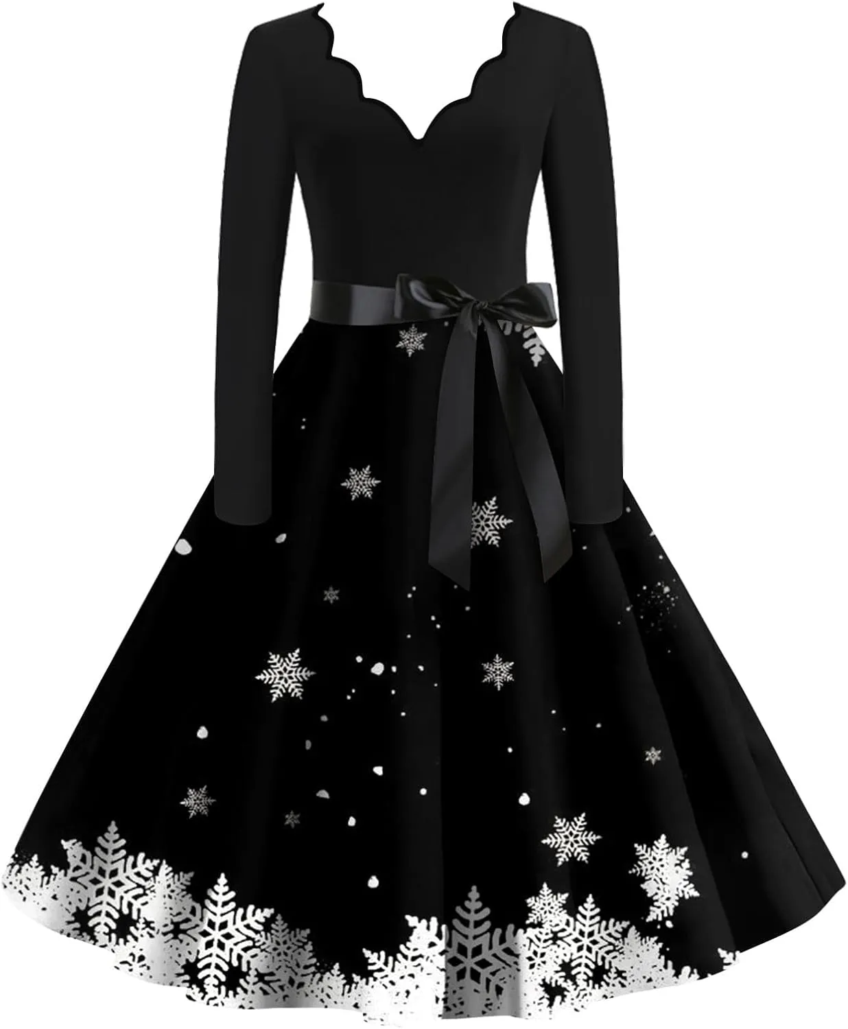 Christmas Dresses for Women Long Sleeve V Neck Aline Prom Hepburn Dress with Belt Cocktail Long Fit and Flare Dresses