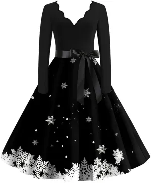 Christmas Dresses for Women Long Sleeve V Neck Aline Prom Hepburn Dress with Belt Cocktail Long Fit and Flare Dresses