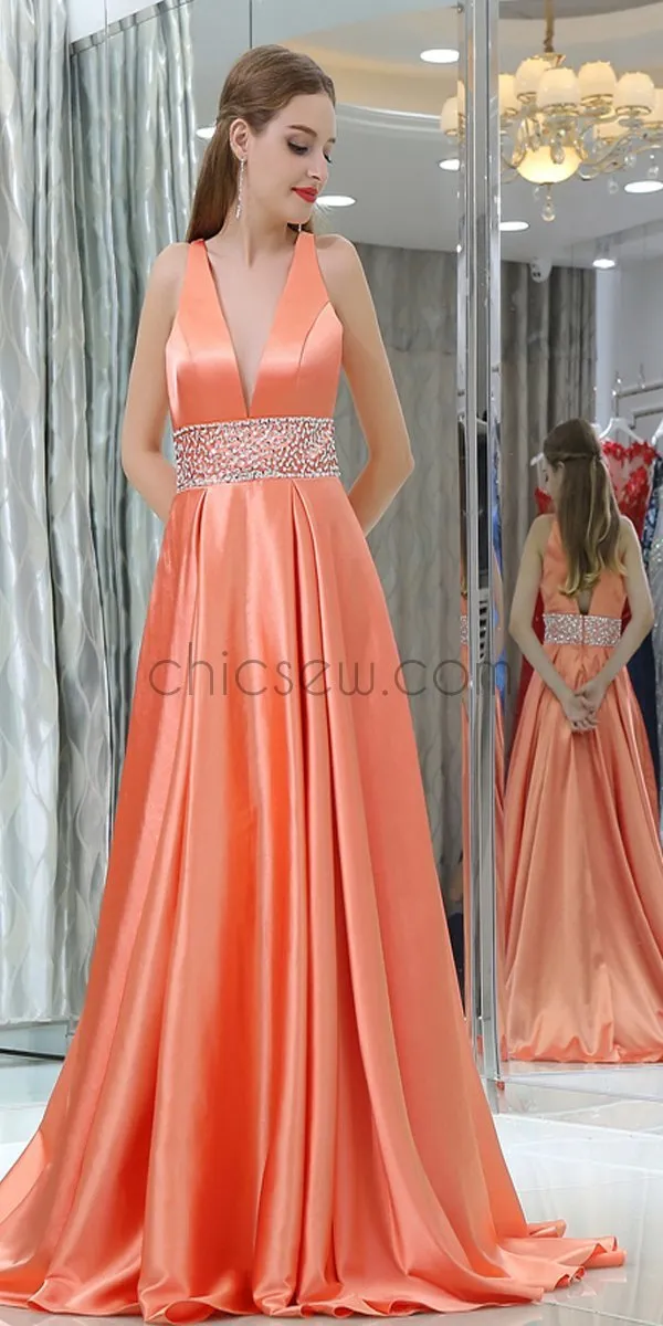 Coral A-Line V-Neck Sleeveless Satin Custom Long Prom Dresses With Beads, Evening Dresses LMX1139