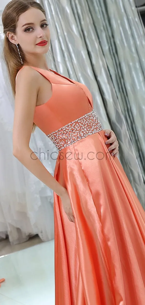 Coral A-Line V-Neck Sleeveless Satin Custom Long Prom Dresses With Beads, Evening Dresses LMX1139