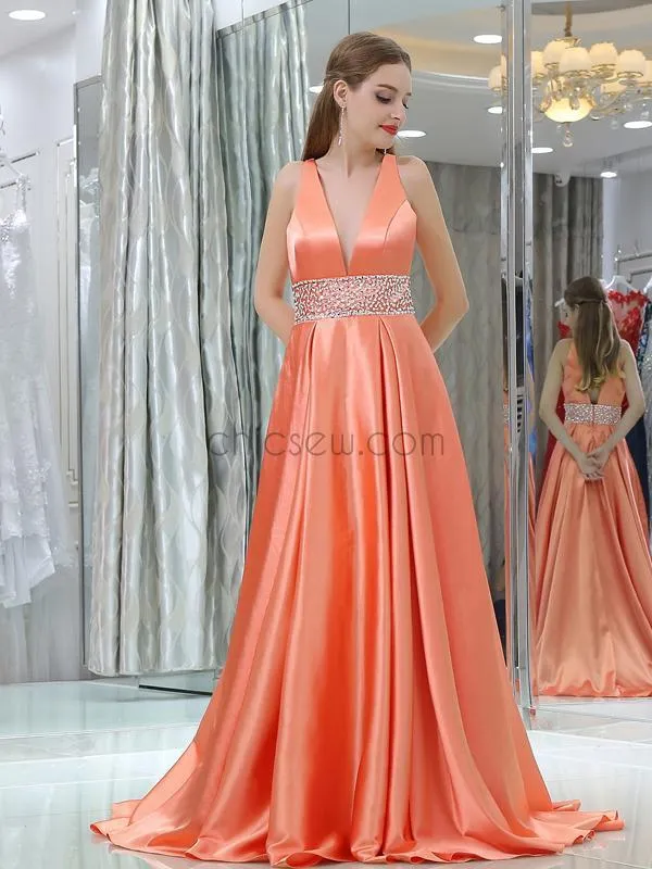 Coral A-Line V-Neck Sleeveless Satin Custom Long Prom Dresses With Beads, Evening Dresses LMX1139