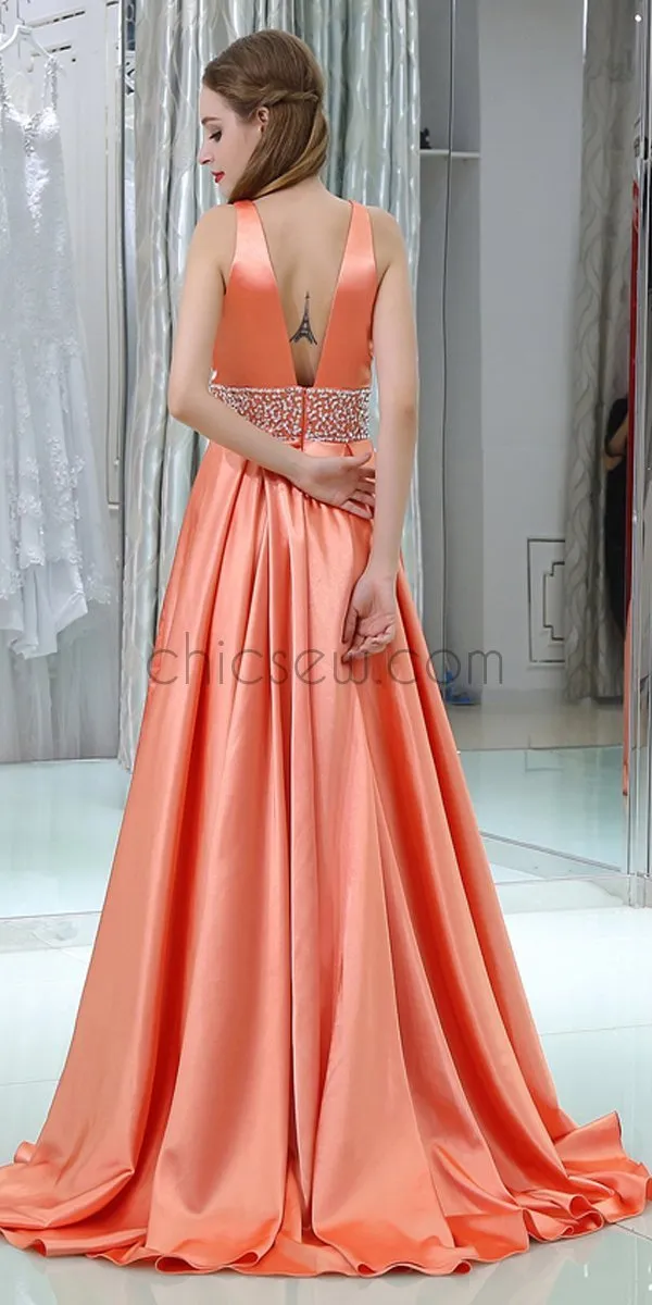 Coral A-Line V-Neck Sleeveless Satin Custom Long Prom Dresses With Beads, Evening Dresses LMX1139