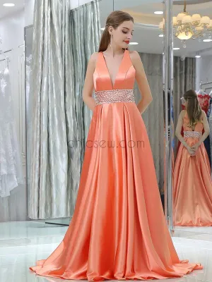 Coral A-Line V-Neck Sleeveless Satin Custom Long Prom Dresses With Beads, Evening Dresses LMX1139