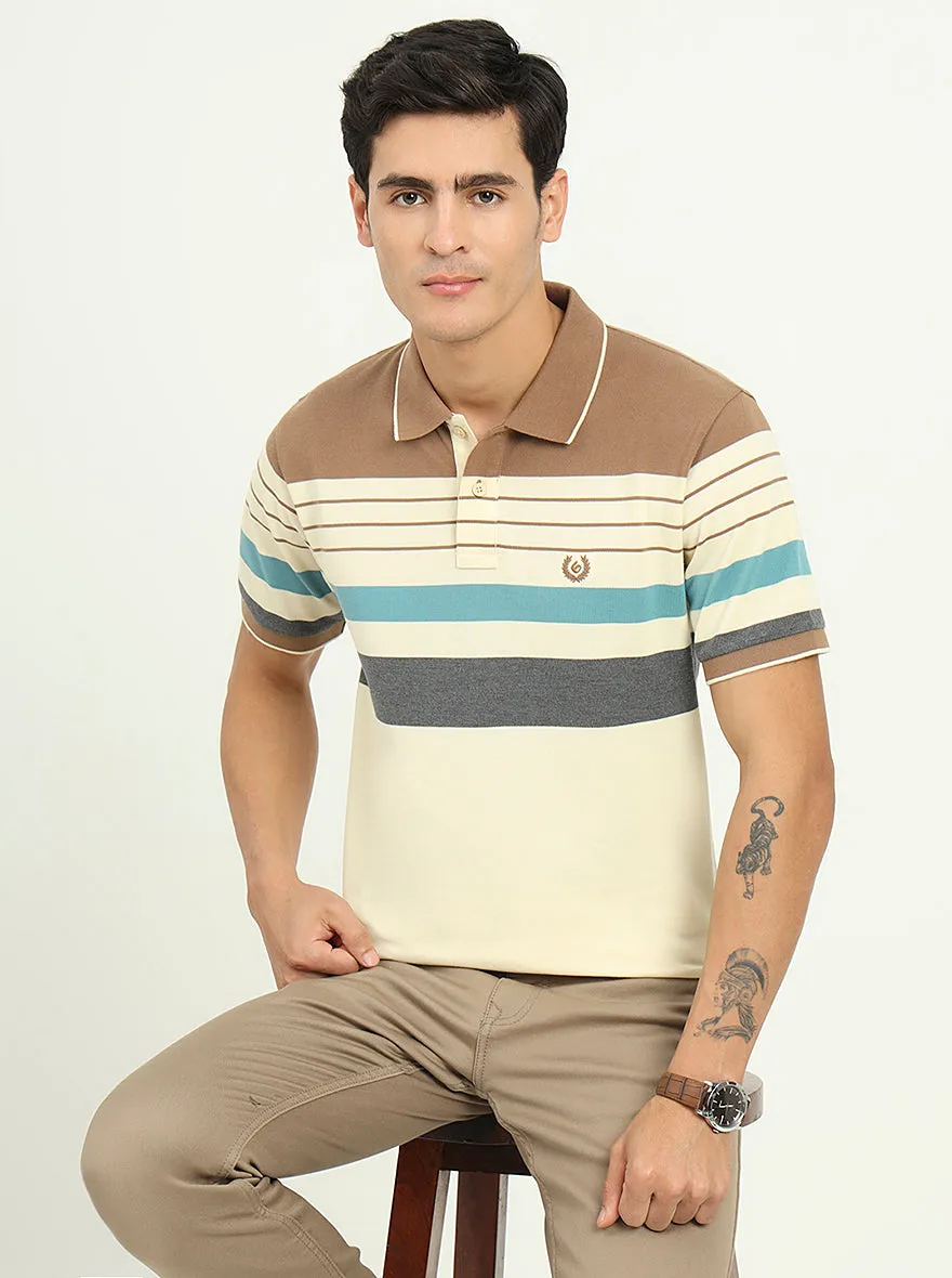Cream & Brown Striped Slim Fit Polo T-Shirt | Greenfibre