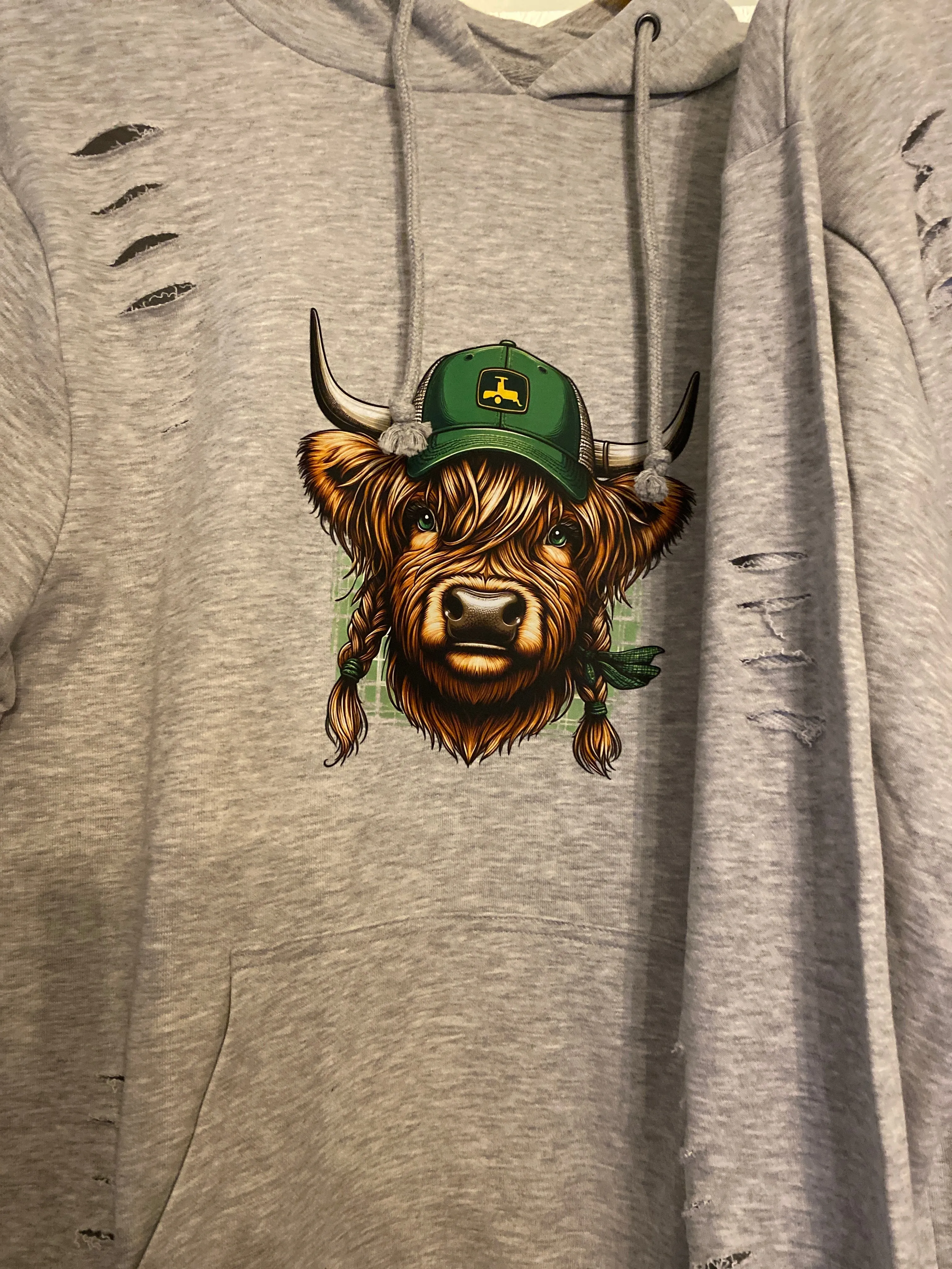 Distressed Adult Pale Grey  Hoodie with Cow & highland cow Designs