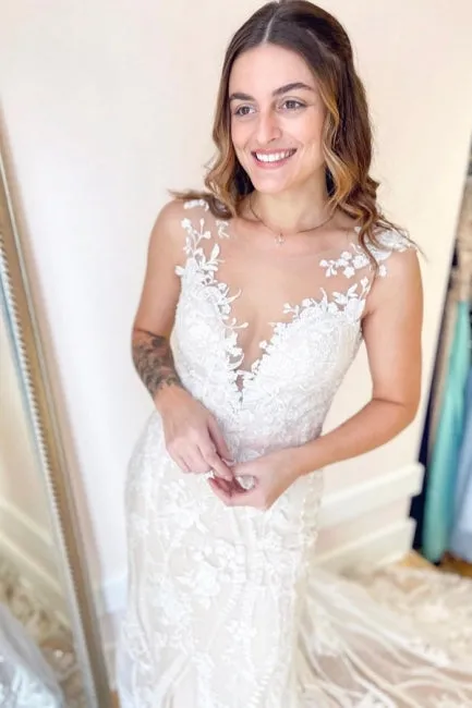 Elegant Cream Appliques Mermaid Wedding Dresses with Lace