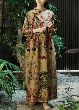 Elegant Khaki Button Print Patchwork Cotton Long Dresses Fall ML0095