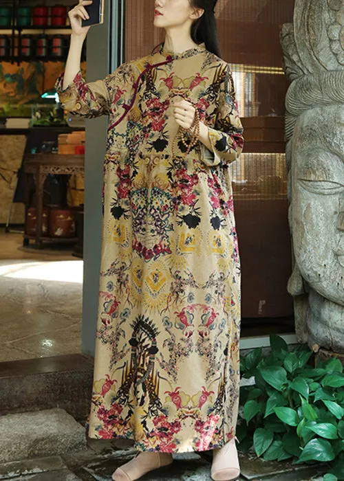 Elegant Khaki Button Print Patchwork Cotton Long Dresses Fall ML0095