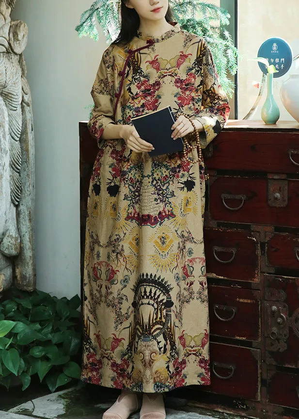 Elegant Khaki Button Print Patchwork Cotton Long Dresses Fall ML0095