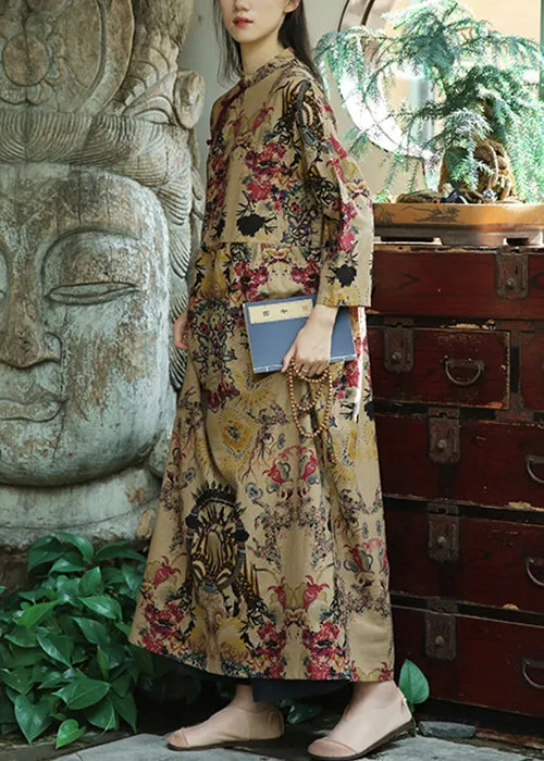 Elegant Khaki Button Print Patchwork Cotton Long Dresses Fall ML0095