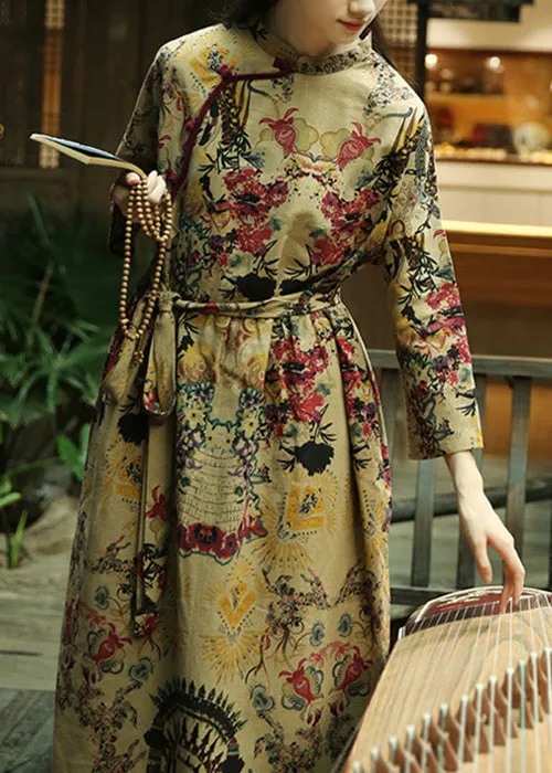 Elegant Khaki Button Print Patchwork Cotton Long Dresses Fall ML0095