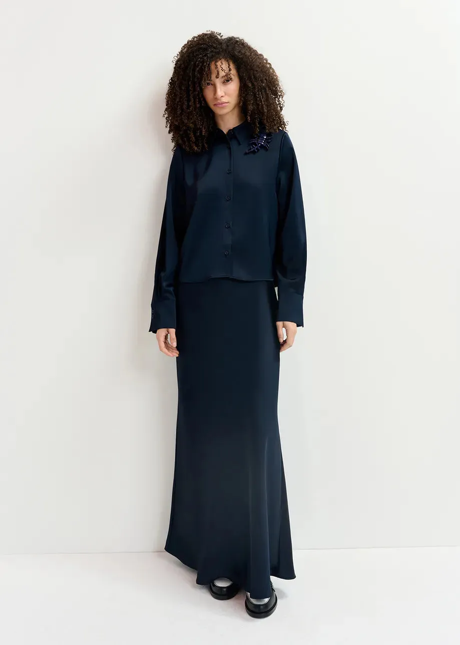 Essentiel Antwerp Navy Satin Maxi-Length Skirtk