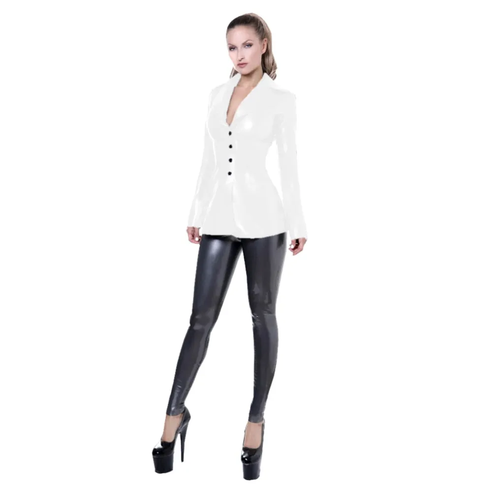 Latest Fashion Women Shiny PVC Suit Jacket with Button Details Fashion Buttons Shiny PVC Suit Jacket for Women  Sexy Faux Leather Coat Dress