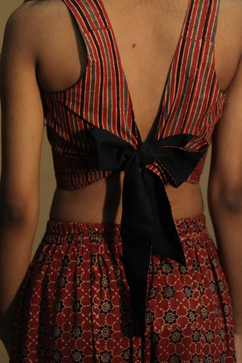 Mastaani | Reversible Blouse | Noir with Red Trellis & Stripes Ajrakh
