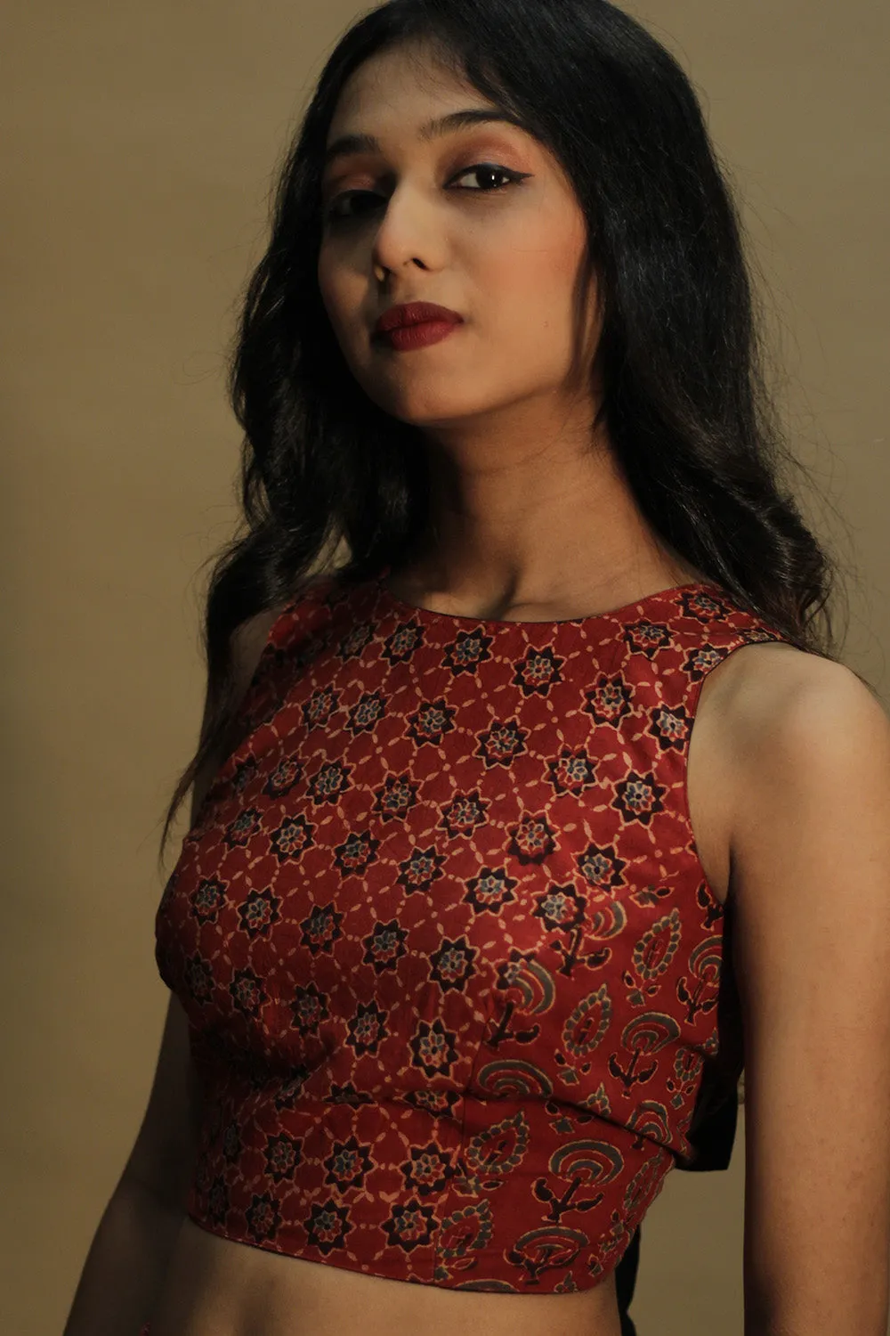 Mastaani | Reversible Blouse | Noir with Red Trellis & Stripes Ajrakh