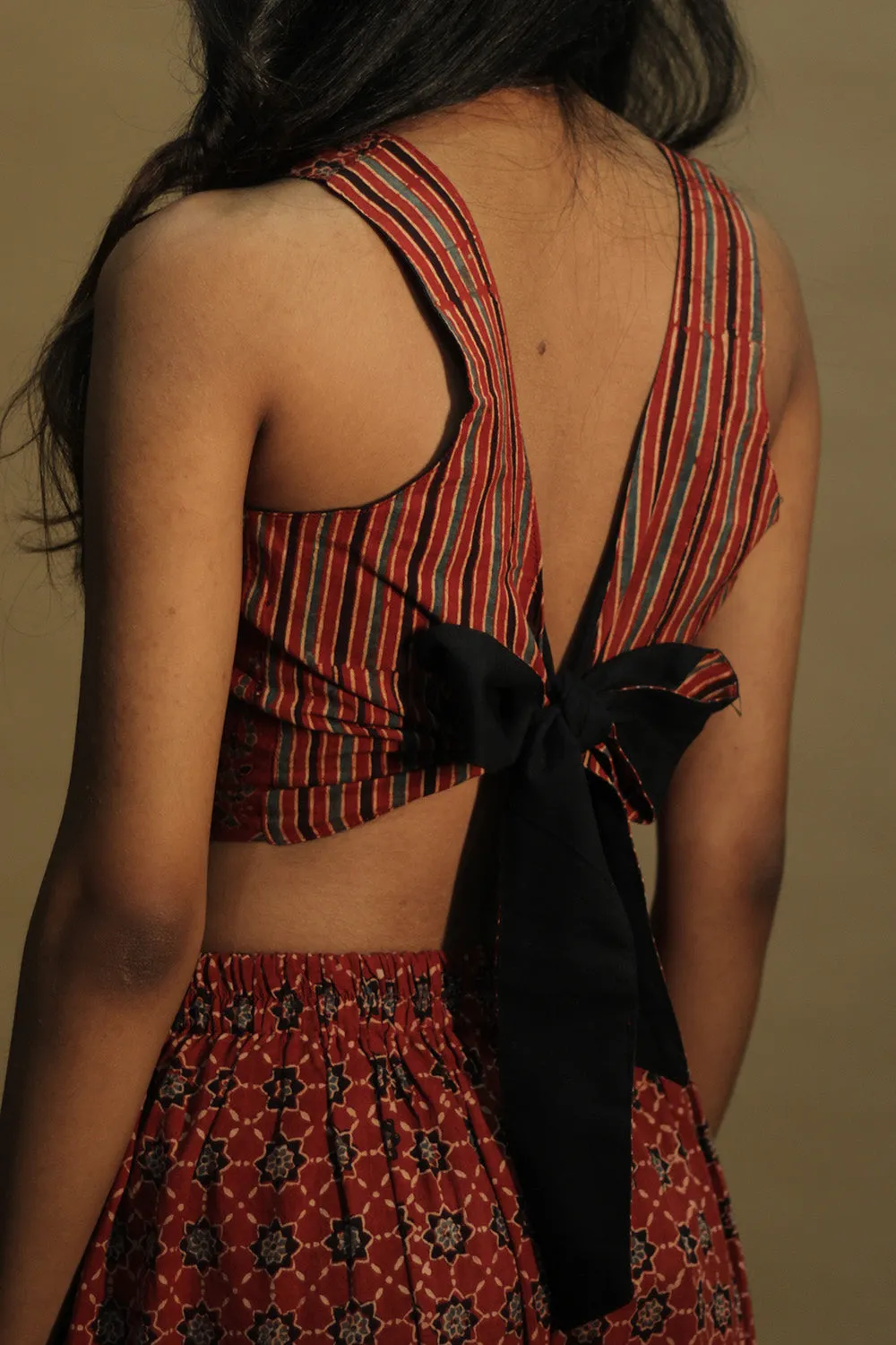 Mastaani | Reversible Blouse | Noir with Red Trellis & Stripes Ajrakh