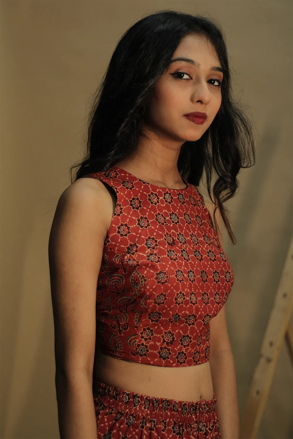 Mastaani | Reversible Blouse | Noir with Red Trellis & Stripes Ajrakh