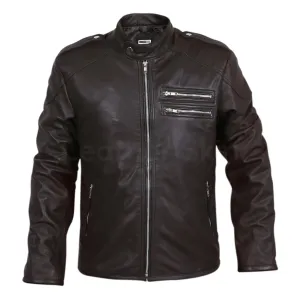 Men Black Genuine Leather Jacket with Double zippers on chest
