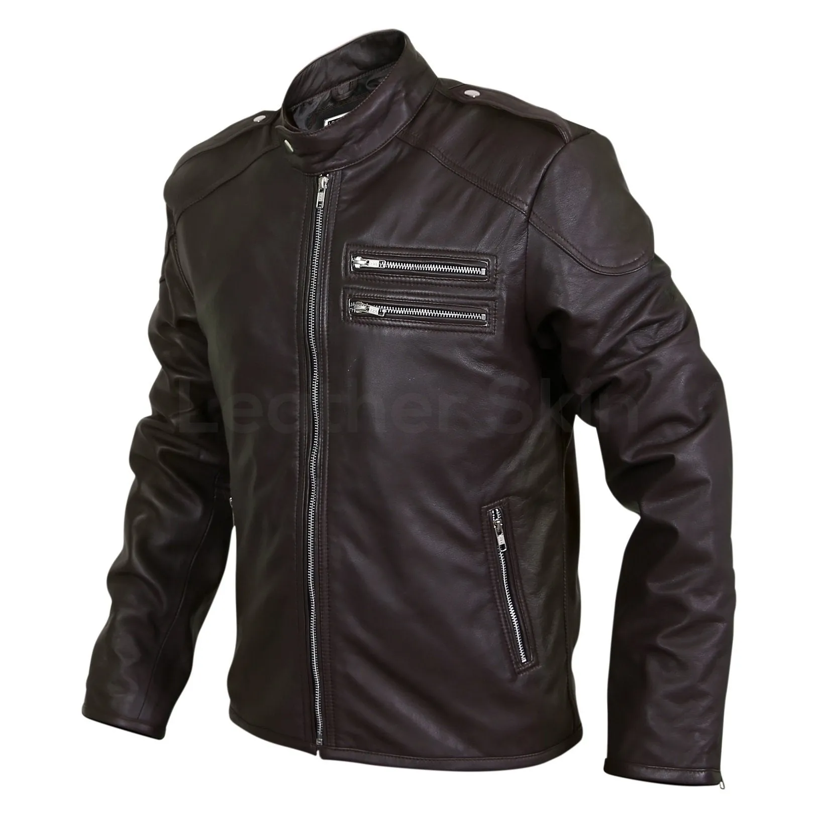 Men Black Genuine Leather Jacket with Double zippers on chest