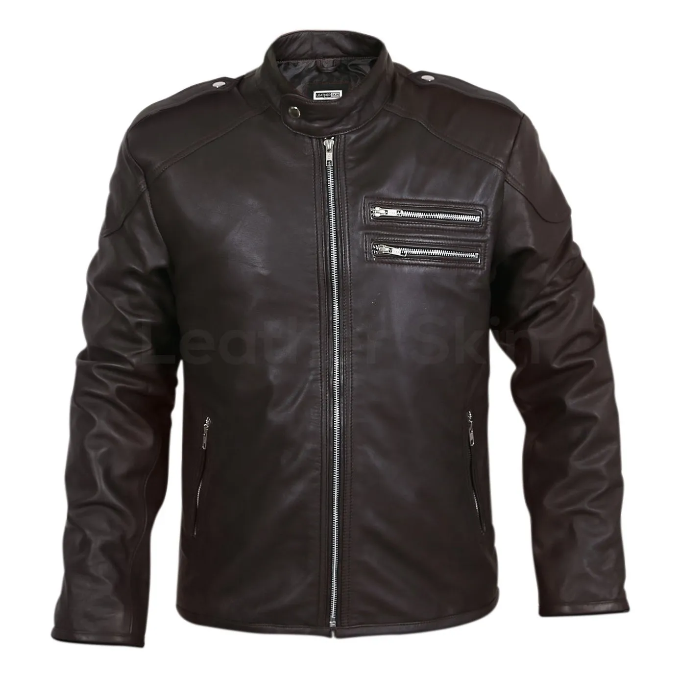 Men Black Genuine Leather Jacket with Double zippers on chest