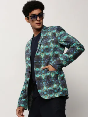 Men Turquoise Blue Abstract Printed Slim-Fit Single Breasted Cotton Blazer