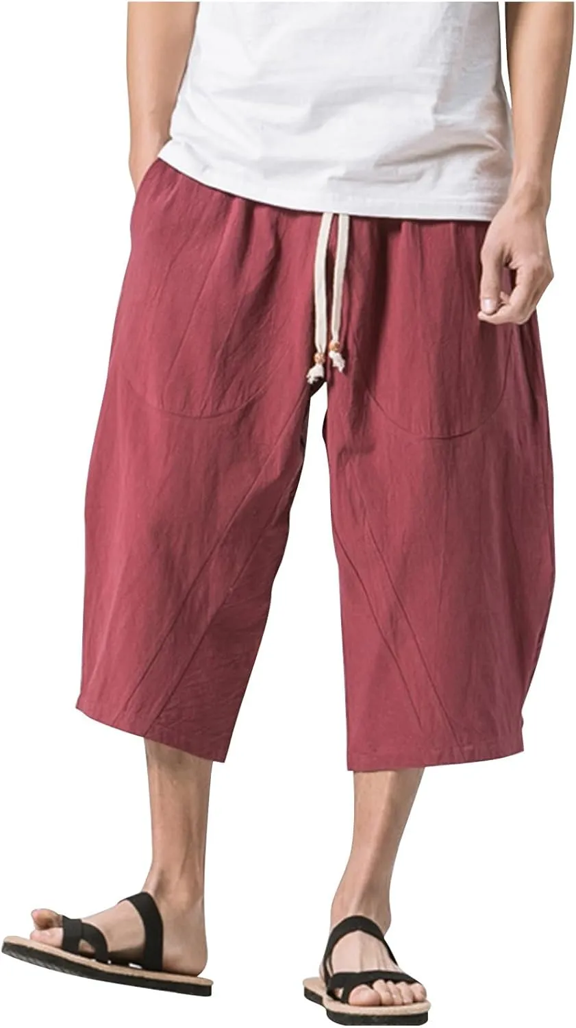 Mens Casual Pants Linen Pants Drawstring Beach Pants Relaxed-Fit Yoga Pants Summer Elastic Waist Pants