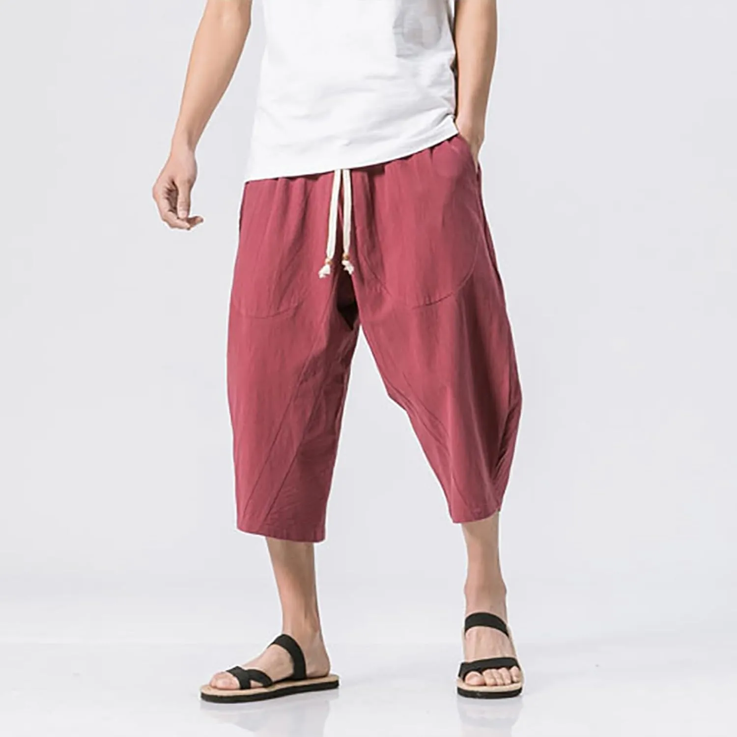Mens Casual Pants Linen Pants Drawstring Beach Pants Relaxed-Fit Yoga Pants Summer Elastic Waist Pants
