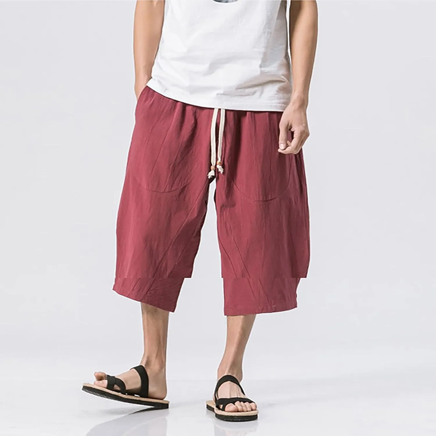 Mens Casual Pants Linen Pants Drawstring Beach Pants Relaxed-Fit Yoga Pants Summer Elastic Waist Pants