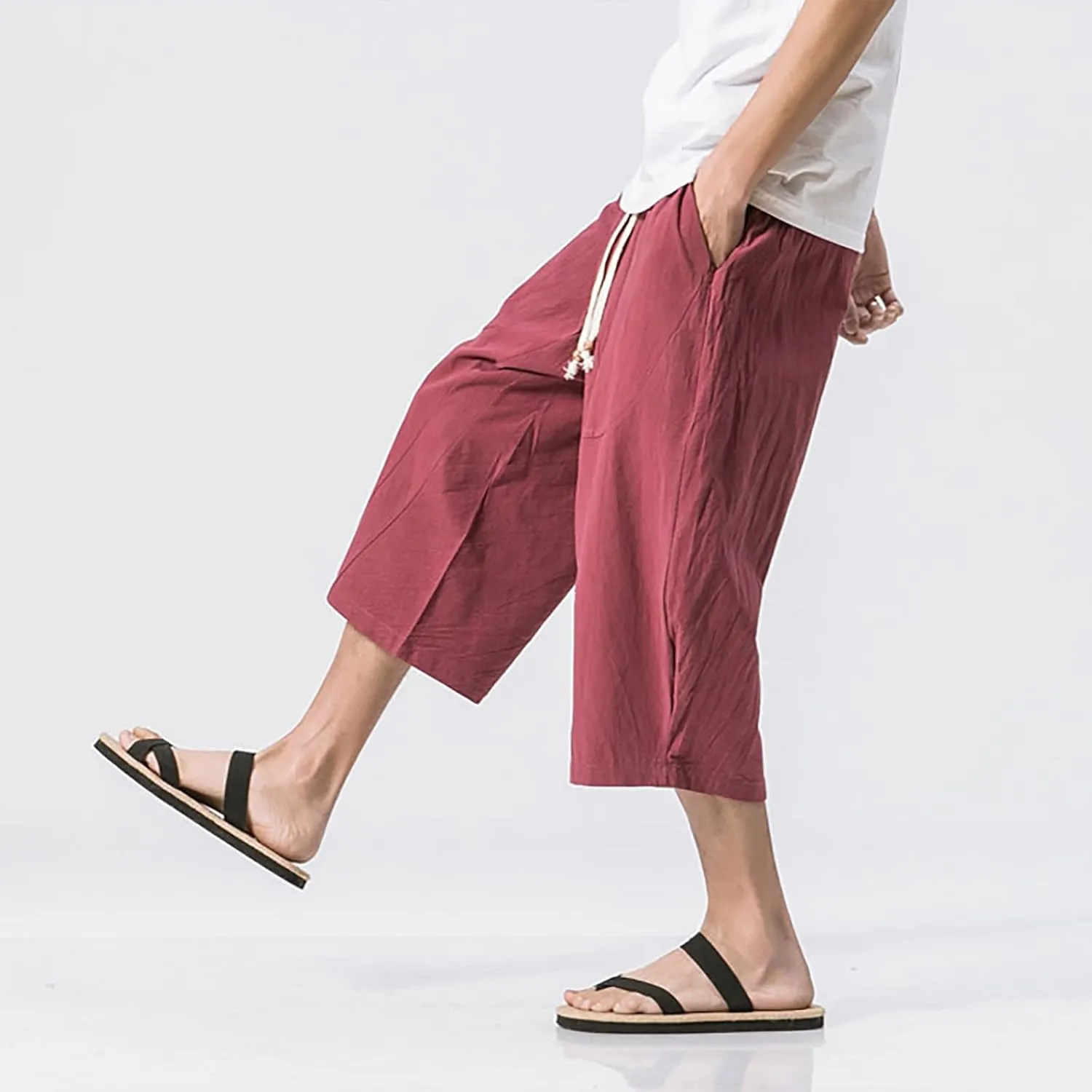 Mens Casual Pants Linen Pants Drawstring Beach Pants Relaxed-Fit Yoga Pants Summer Elastic Waist Pants