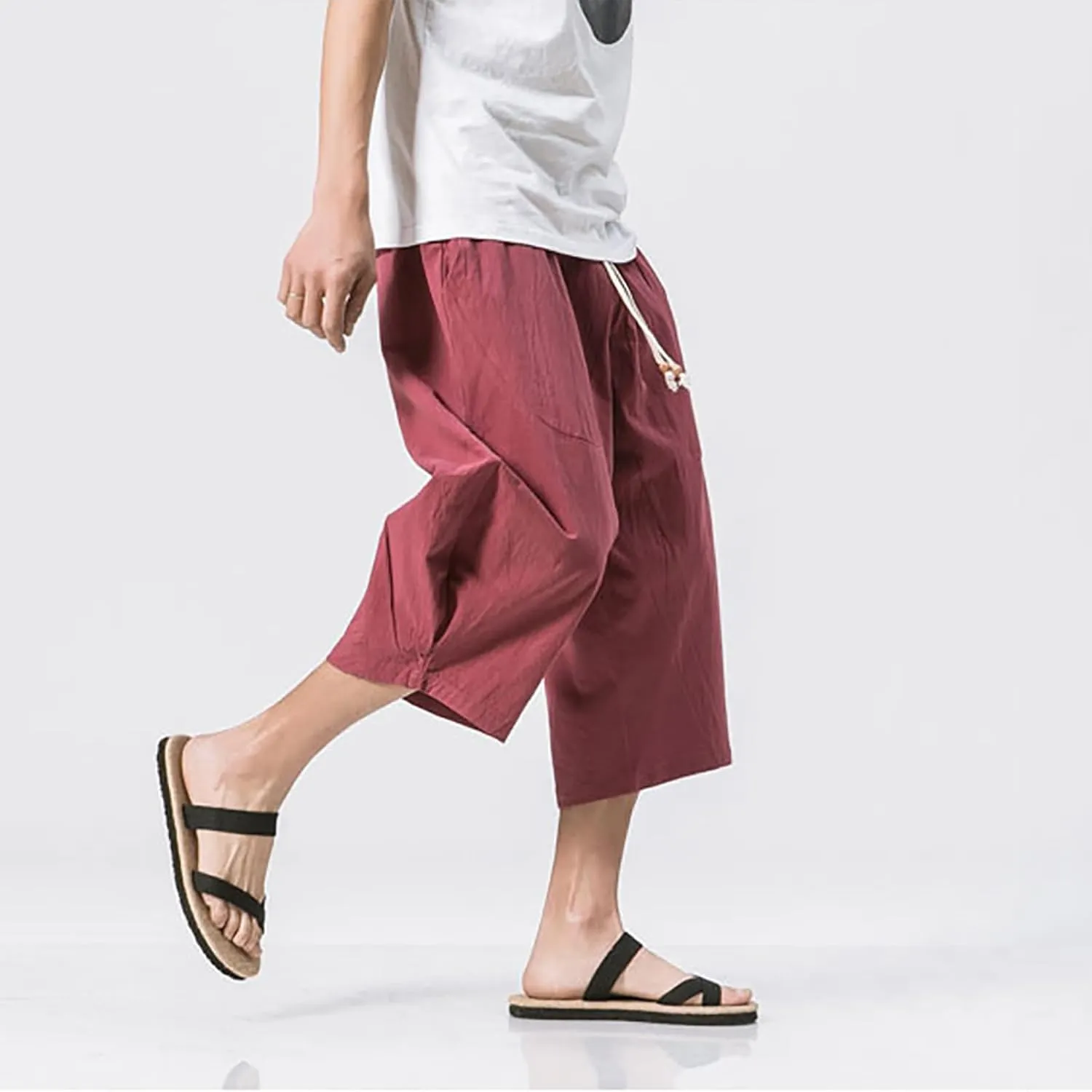 Mens Casual Pants Linen Pants Drawstring Beach Pants Relaxed-Fit Yoga Pants Summer Elastic Waist Pants