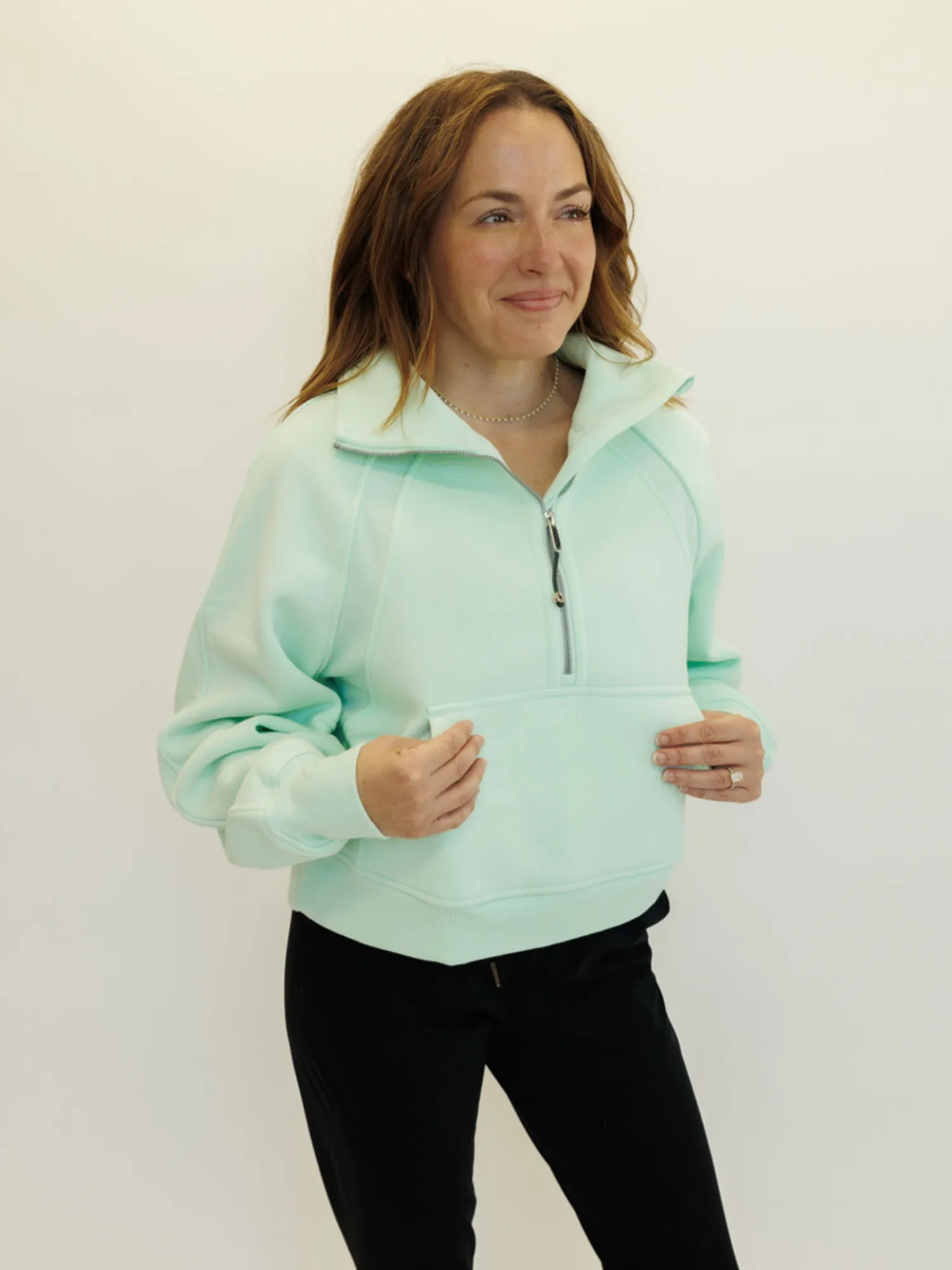 Mint Green "Ella" Fleece Lined Cropped Quarter Zip Pullover