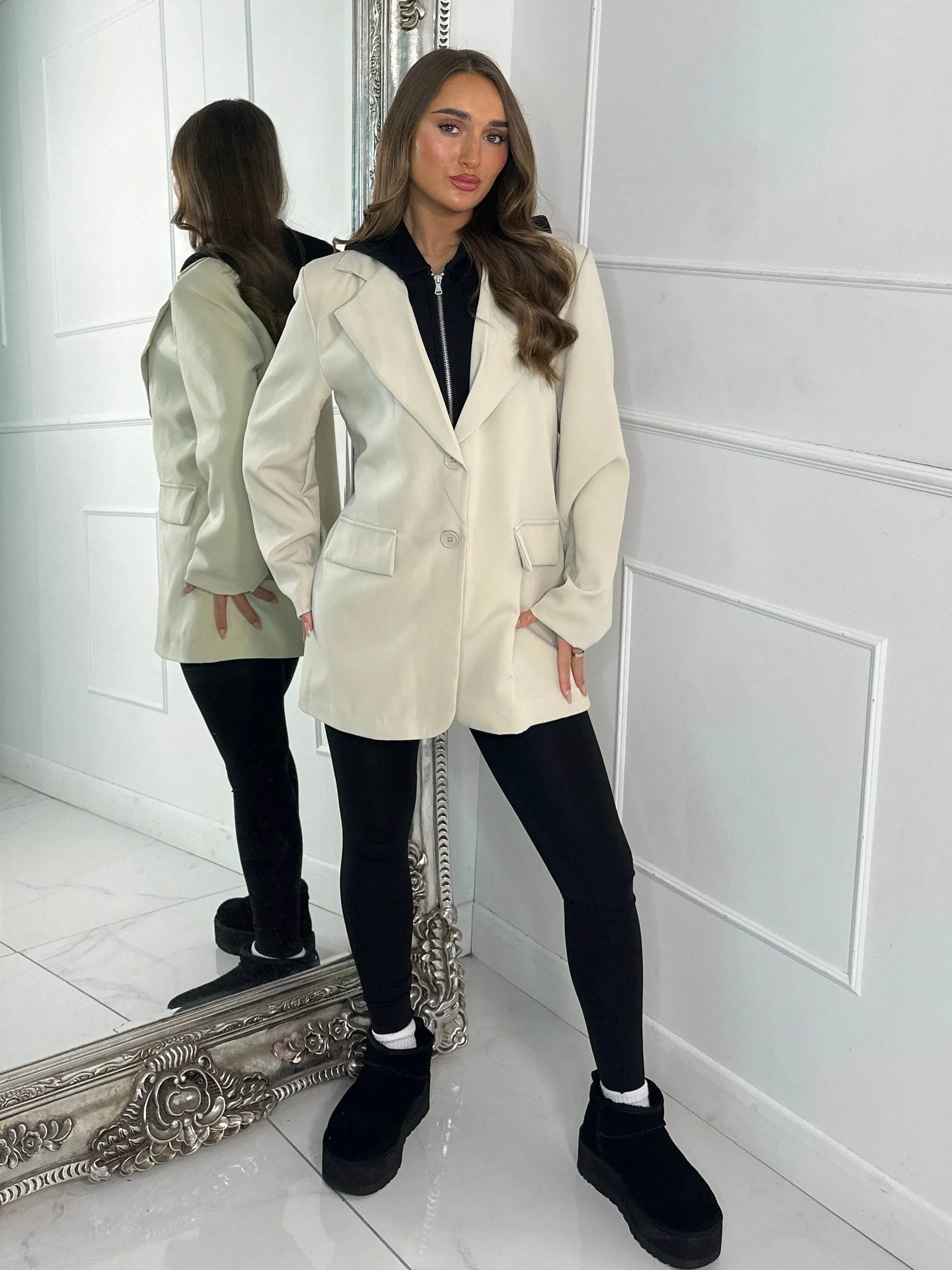 Oversized Blazer With Black Attached Hood - Light Beige