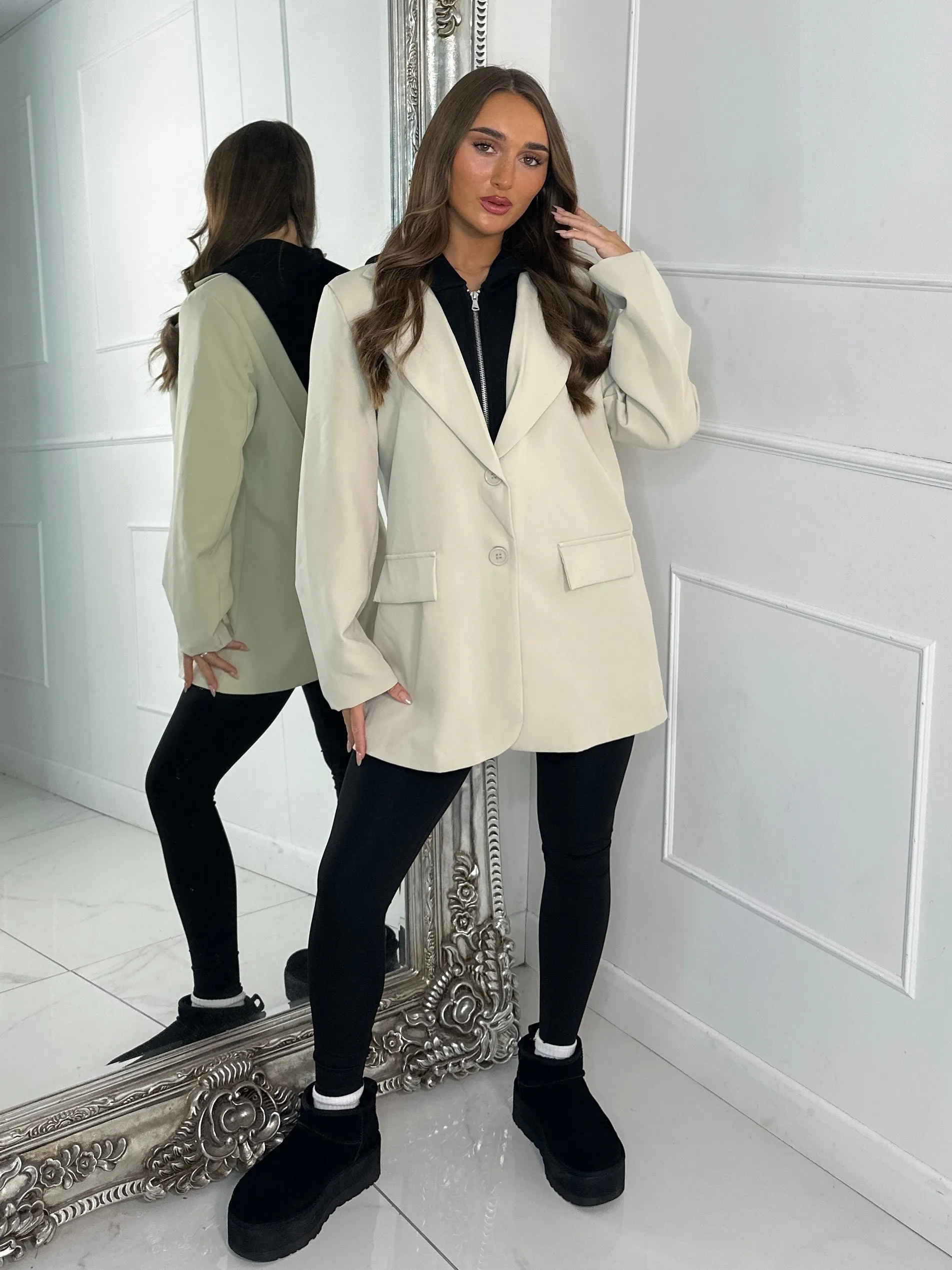 Oversized Blazer With Black Attached Hood - Light Beige