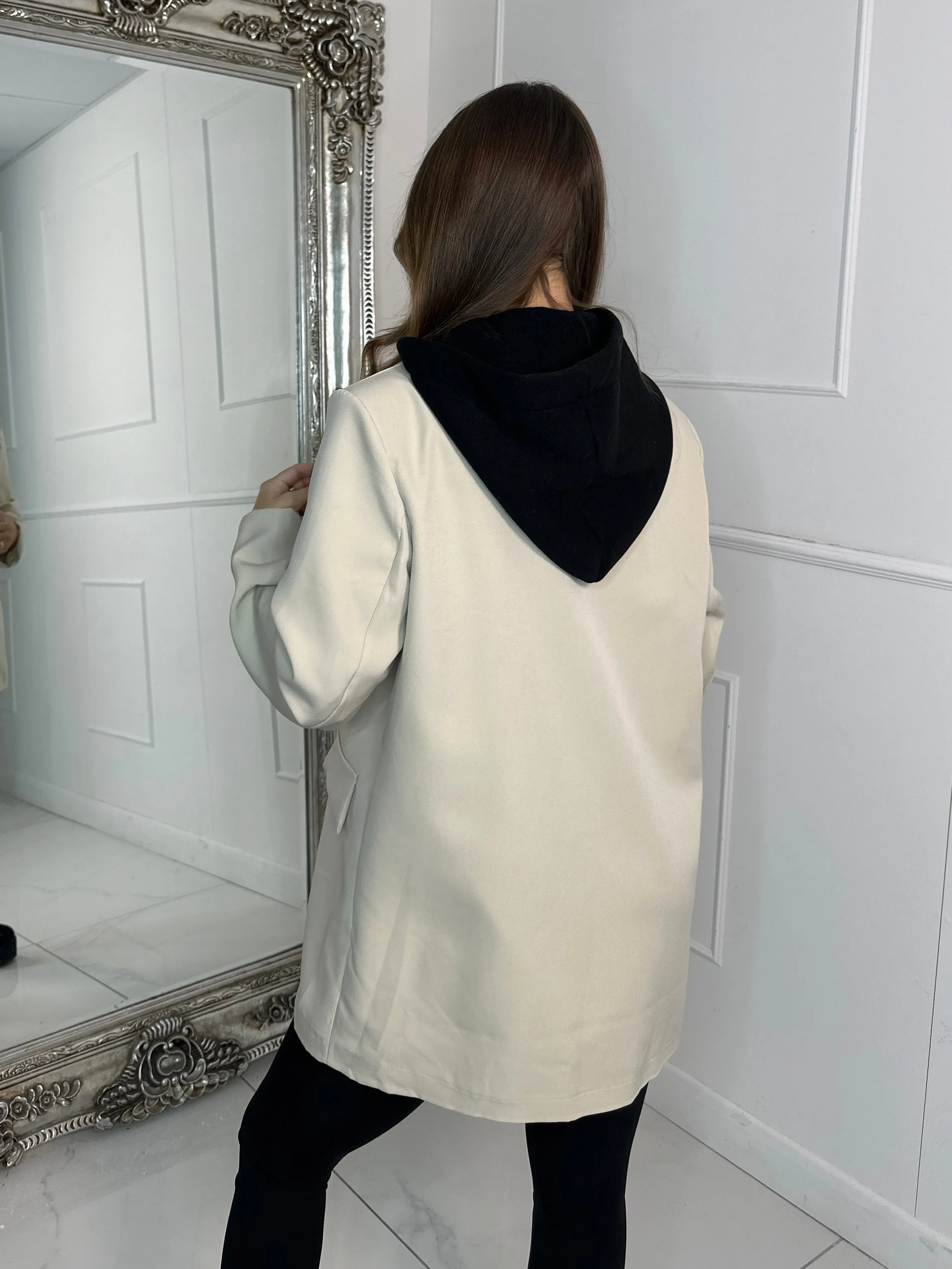 Oversized Blazer With Black Attached Hood - Light Beige