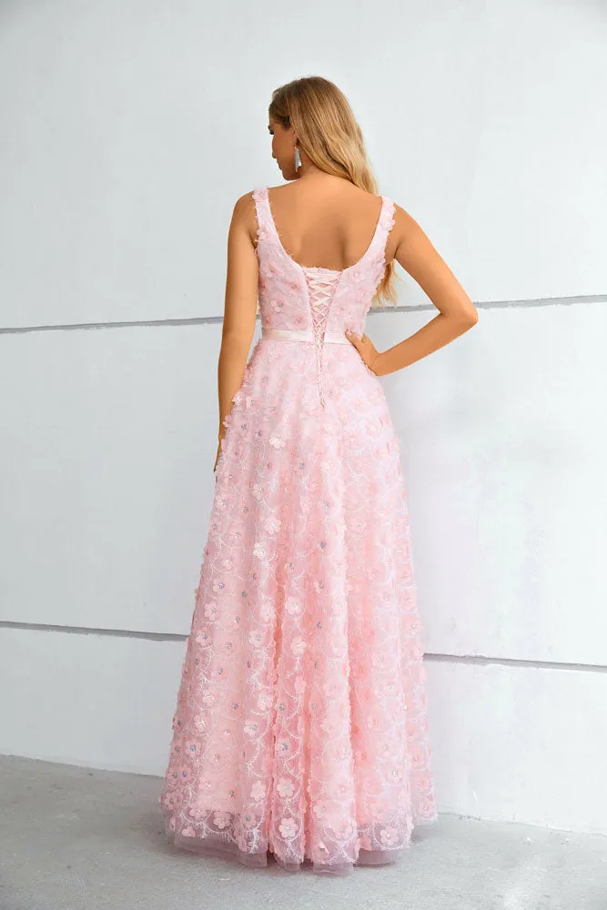 Pink Floral Maxi Long Prom Formal Evening Dress with Side Slit EN5609
