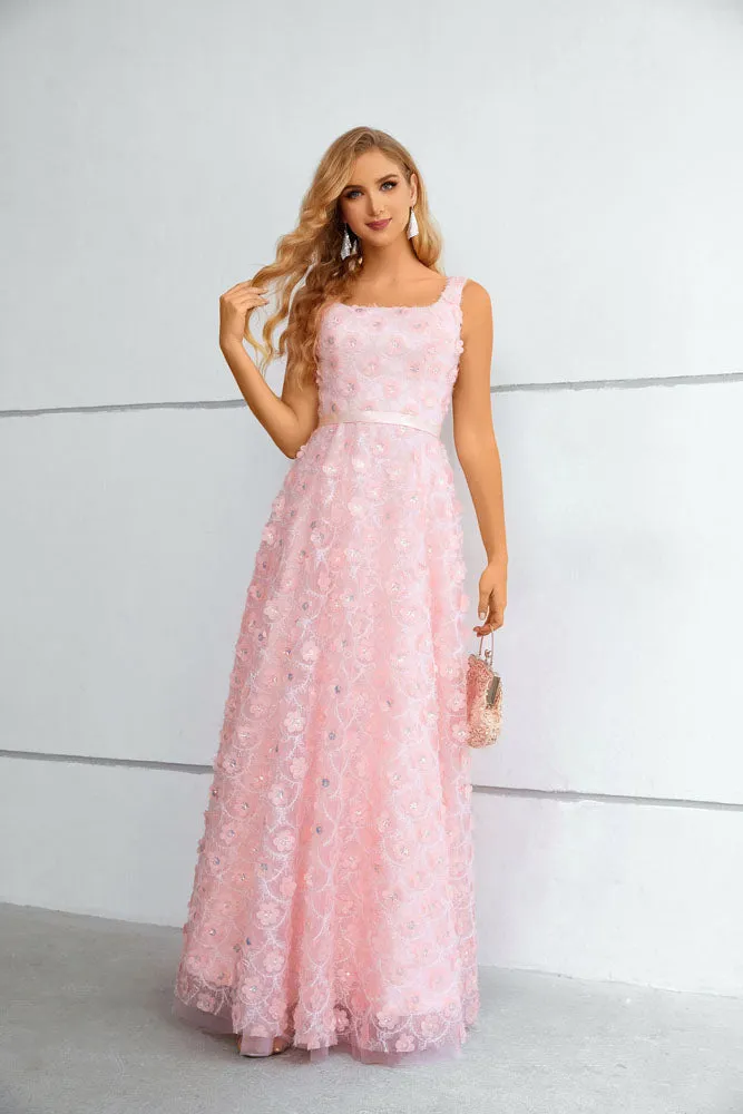 Pink Floral Maxi Long Prom Formal Evening Dress with Side Slit EN5609