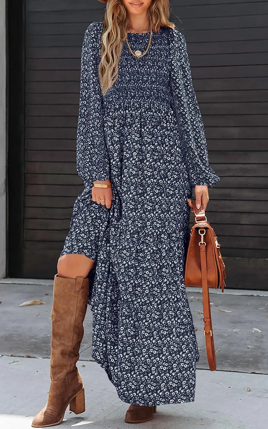PRETTYGARDEN Women's Spring Dresses 2025 Long Sleeve Flowy Casual Floral Maxi Dress Crew Neck Smocked Tiered Long Dress