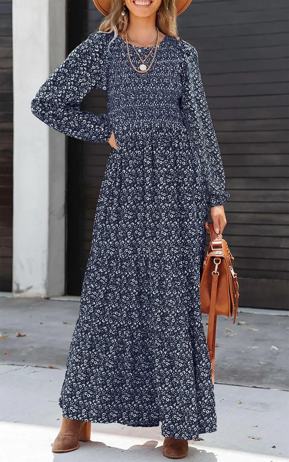 PRETTYGARDEN Women's Spring Dresses 2025 Long Sleeve Flowy Casual Floral Maxi Dress Crew Neck Smocked Tiered Long Dress
