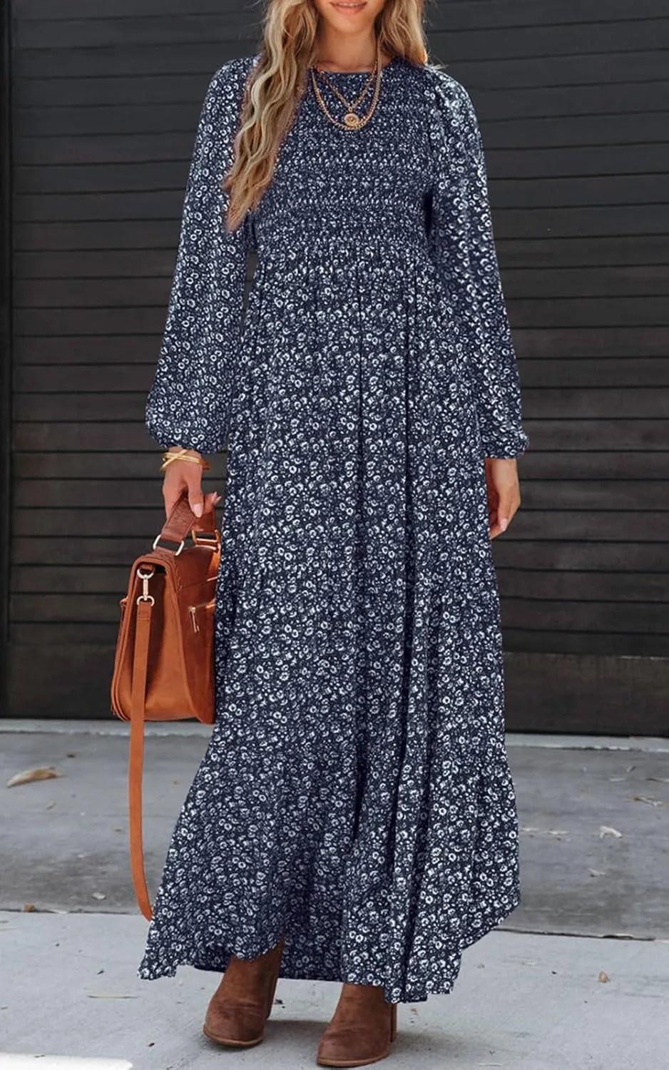 PRETTYGARDEN Women's Spring Dresses 2025 Long Sleeve Flowy Casual Floral Maxi Dress Crew Neck Smocked Tiered Long Dress