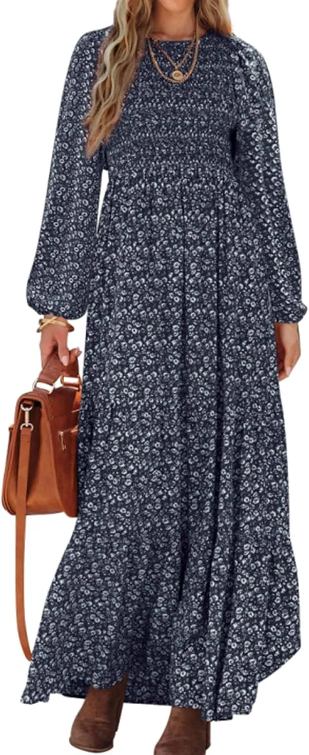 PRETTYGARDEN Women's Spring Dresses 2025 Long Sleeve Flowy Casual Floral Maxi Dress Crew Neck Smocked Tiered Long Dress