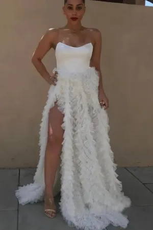 Promfast A-line Strapless White Tulle Ruffles Long Prom Dresses With Slit PFP1791