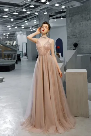Promfast Stunning A Line SpaghettI Straps Long Tulle Zipper Back Prom Dresses PFP1814
